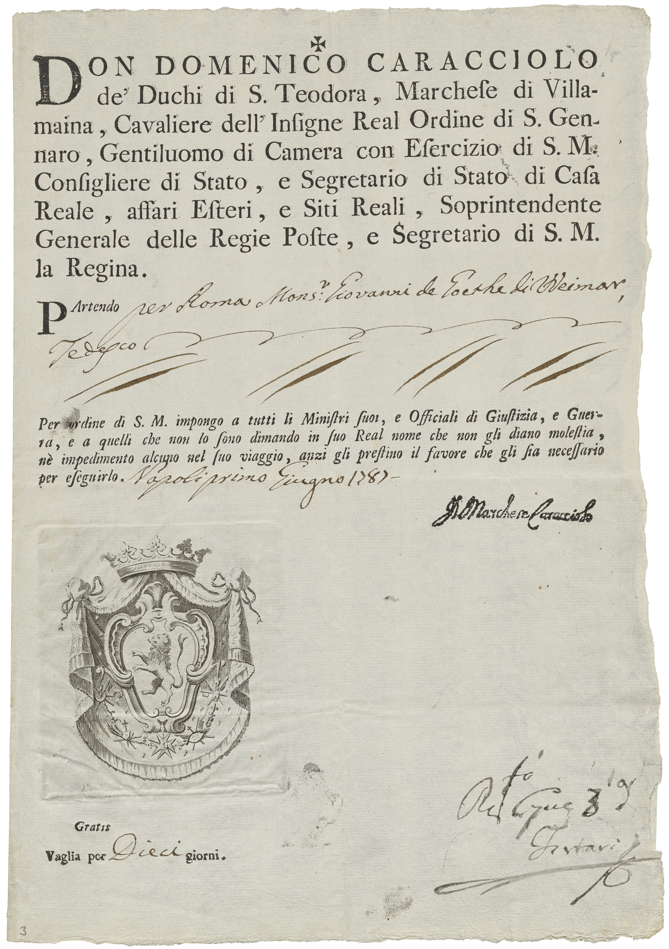 Goethes Pass für die Rückreise von Neapel nach Rom, 1. Juni 1787