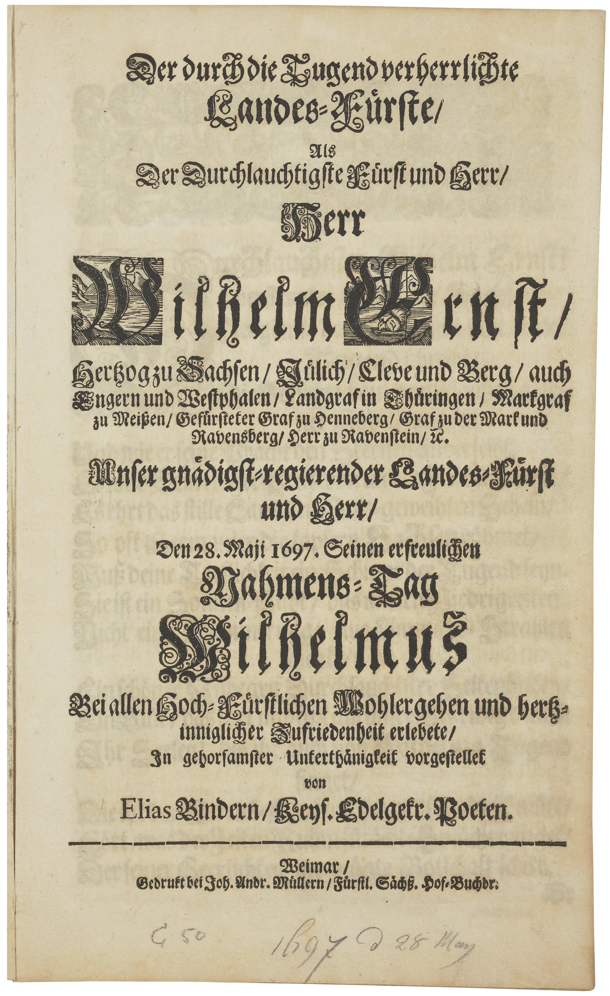 Titelseite mit Widmung zum Namenstag des Fürsten am 28. Mai 1697