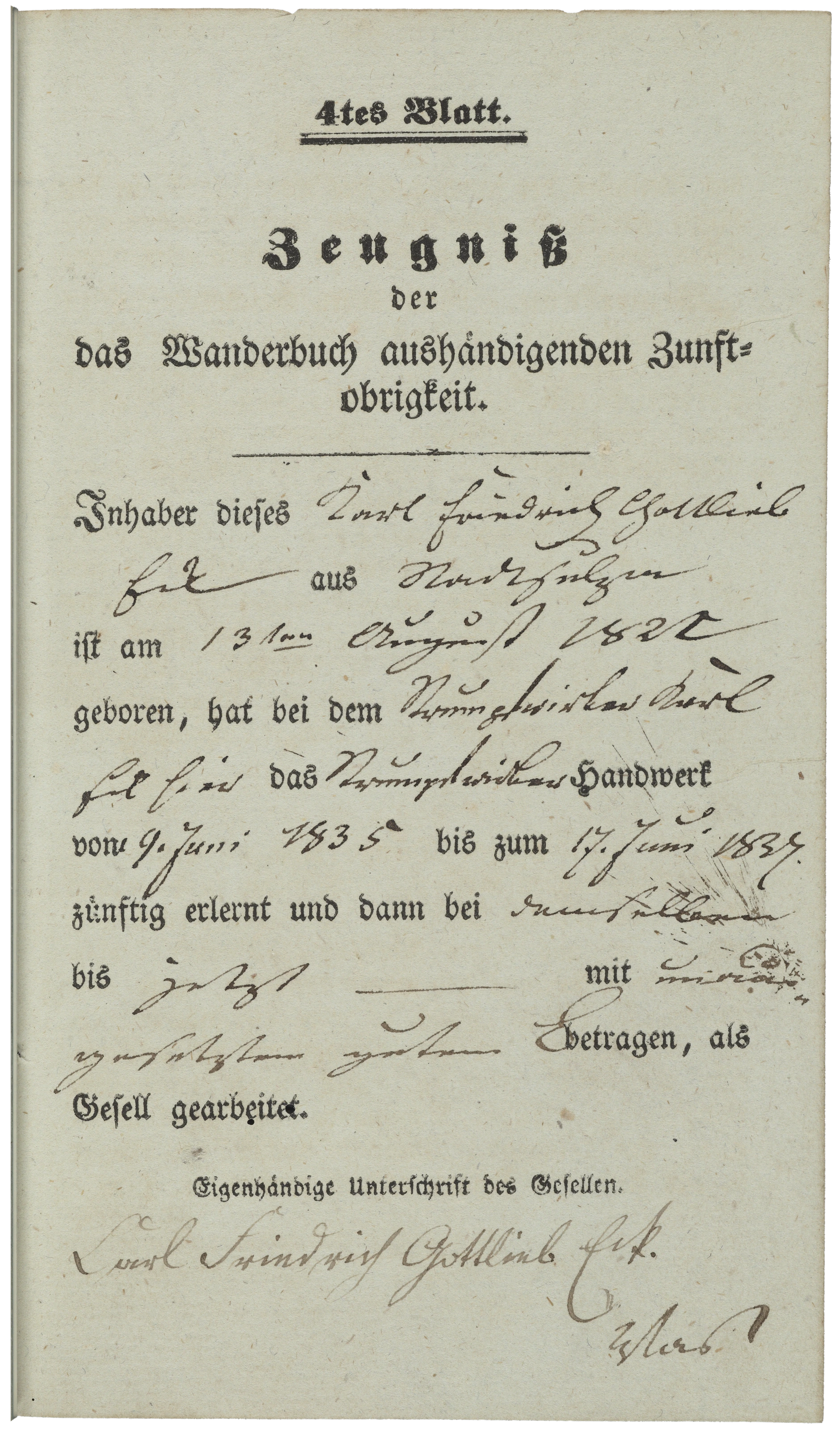 Blatt 4: Zeugniß der das Wanderbuch aushaendigenden Zunftobrigkeit