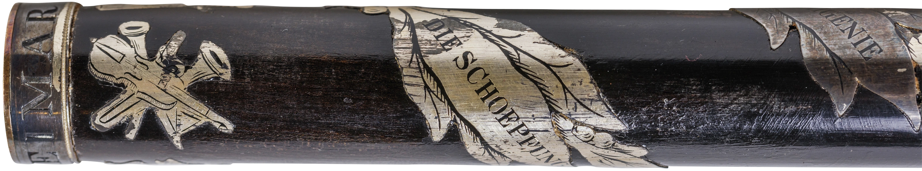 Detail: untere Kappe mit Aufschrift „WEIMAR 1844“, Blatteinlage mit Aufschrift „DIE SCHÖPFUNG“