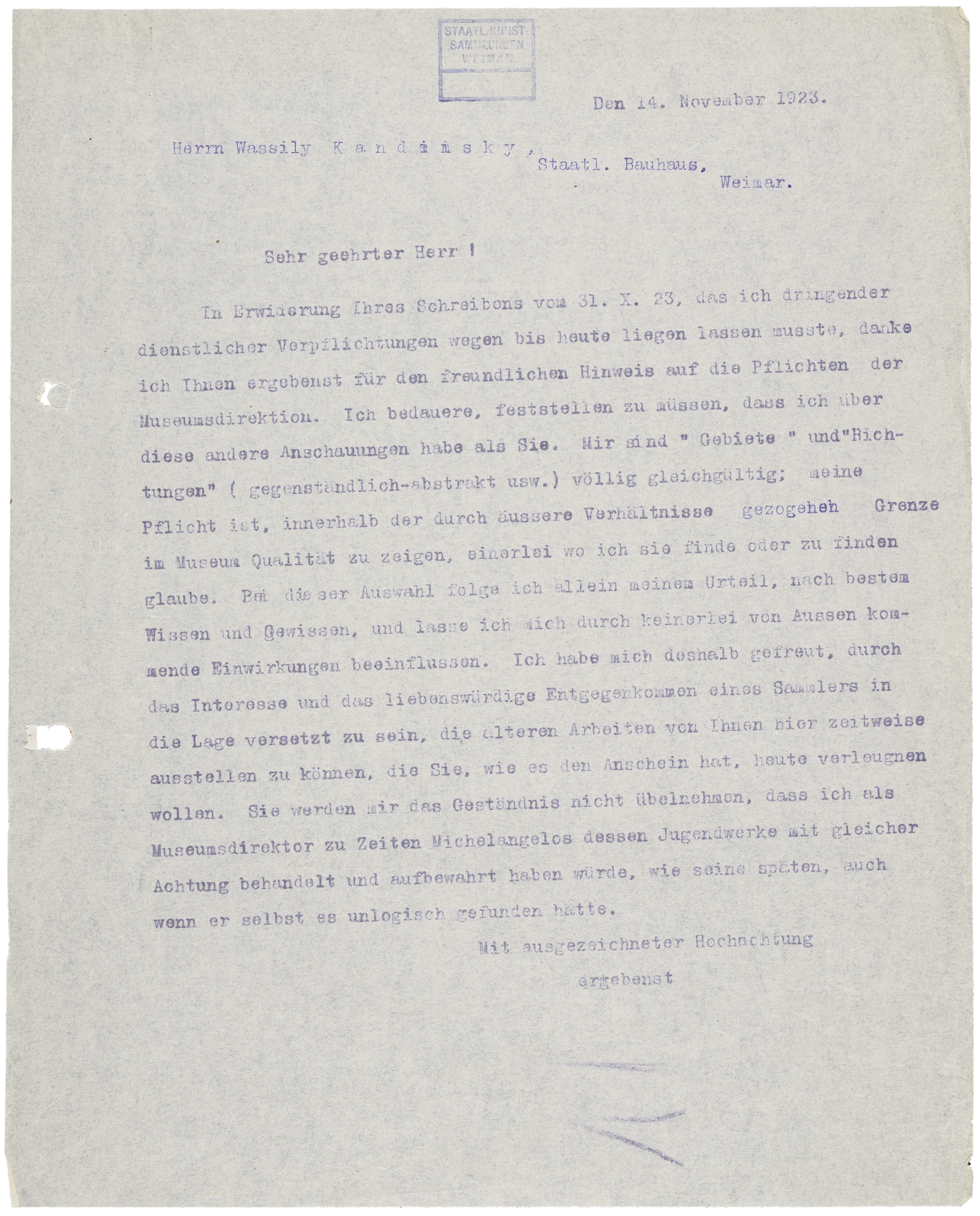 Wilhelm Köhler: Antwort an Wassily Kandinsky, 14.11.1923