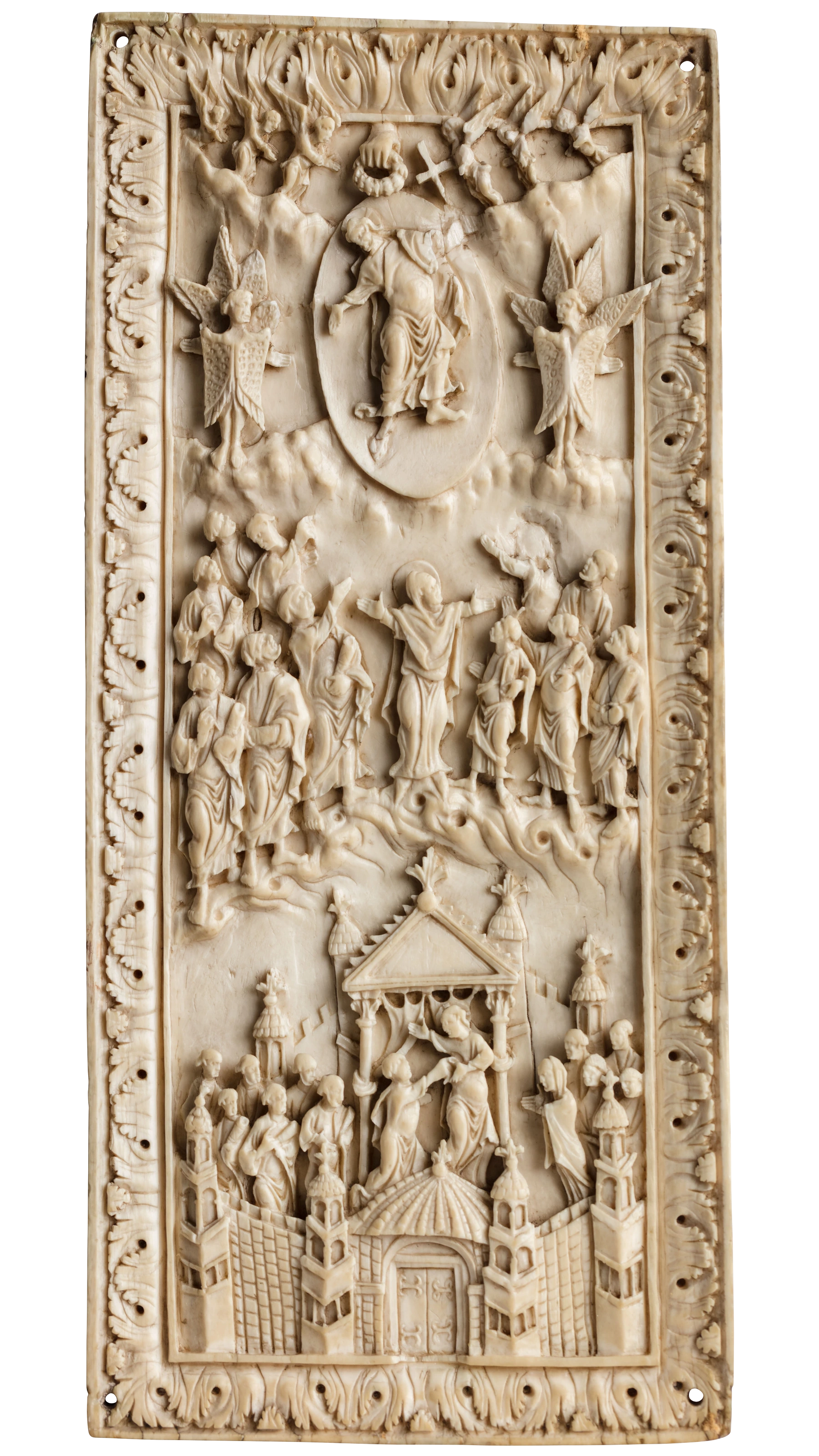 Hofschule Karls des Kahlen: Elfenbeinrelief mit der Himmelfahrt Christi und dem ungläubigen Thomas, 2. Hälfte 9. Jh.