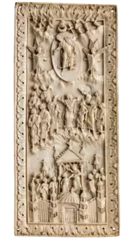 Hofschule Karls des Kahlen: Elfenbeinrelief mit der Himmelfahrt Christi und dem ungläubigen Thomas, 2. Hälfte 9. Jh.