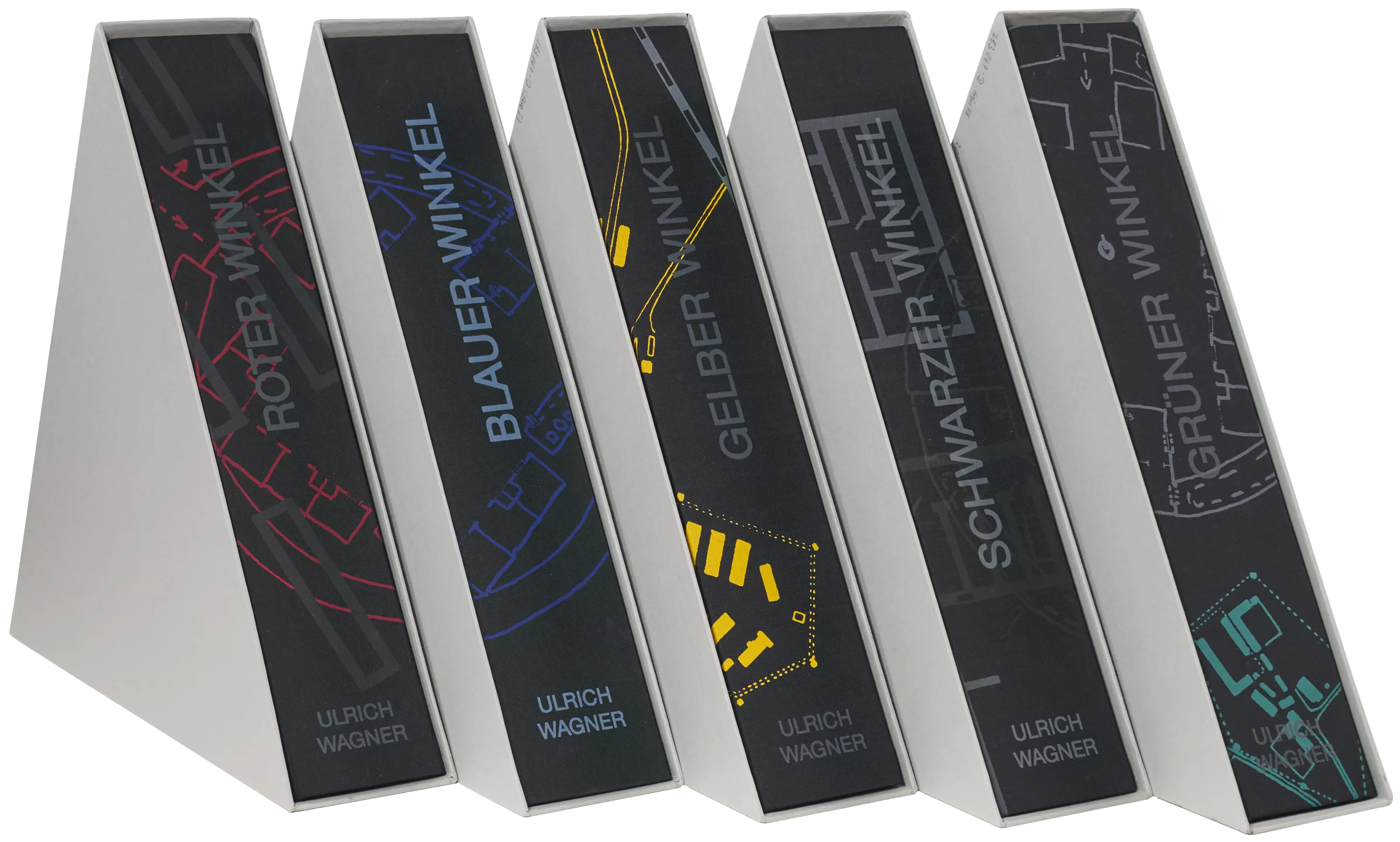 Roter Winkel VI, Blauer Winkel III, Gelber Winkel I, Schwarzer Winkel IX, Grüner Winkel VII