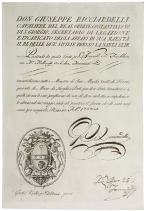 Goethes und Tischbeins gemeinsamer Pass für die Reise von Rom nach Neapel, 22. Februar 1787